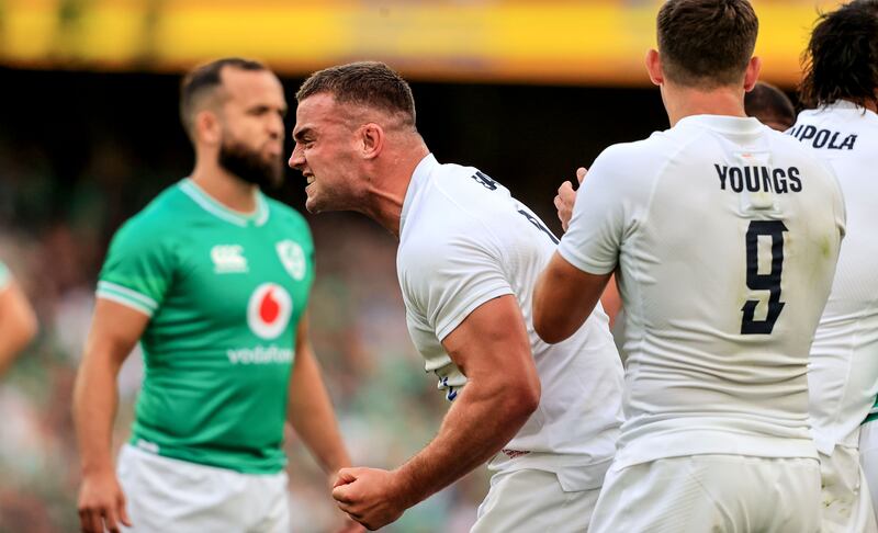 England's Ben Earl celebrates a decision during the defeat to Ireland in last year's pre World Cup clash in Dublin. Photograph: Dan Sheridan/Inpho