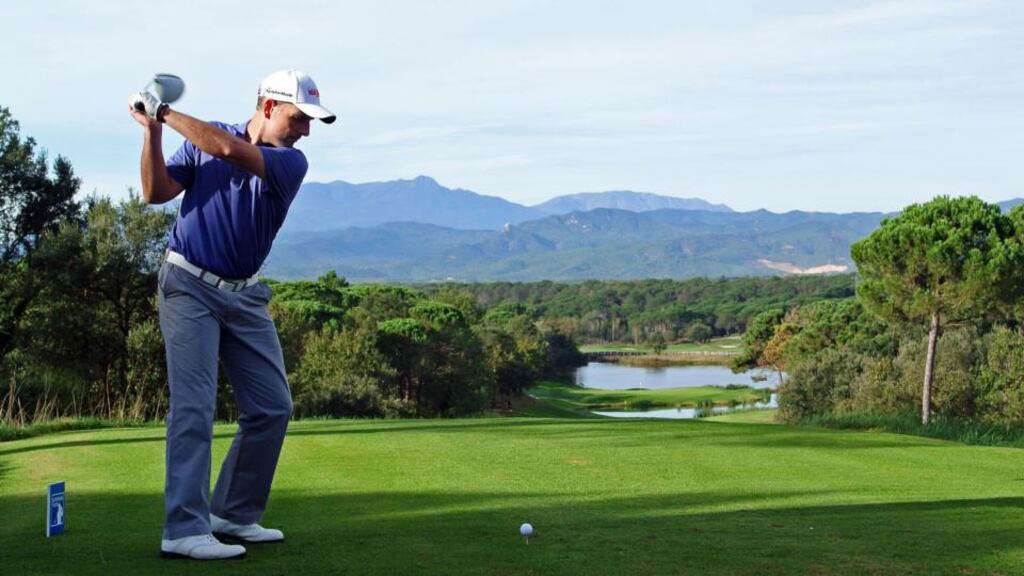 Ireland’s David Higgins drives during the second round of European Tour qualifying school final stage at PGA Catalunya in Girona, Spain. Photograph: Stuart Franklin/Getty Images