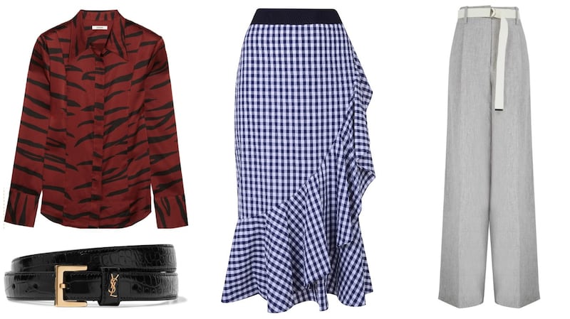 Saint Laurent glossed belt, €295; Ganni silk shirt, €220 from Net-a-porter; Studio by Preen tiered skirt, €65 at Debenhams; and Marks & Spencer wide-leg trousers, €40.
