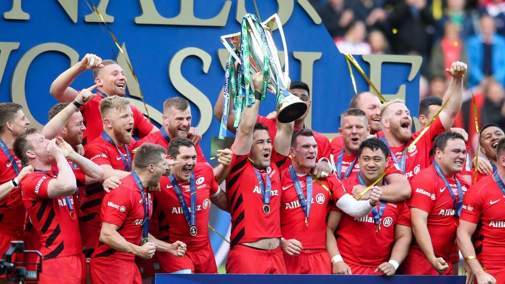 Saracens celebrate their victory over Leinster in the 2018-19 Heineken  Cup Final at St James’ Park in Newcastle. Photograph: Andrew Fosker/Inpho