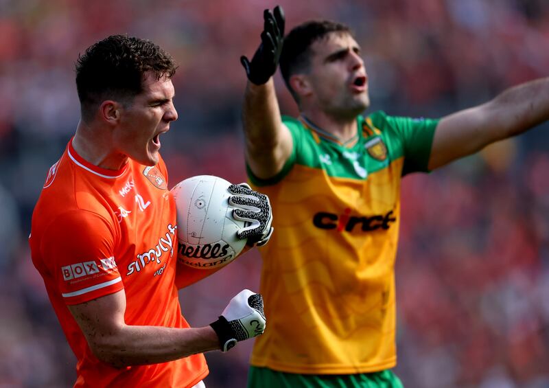 Armagh’s Jarly Óg Burns celebrates winning a free. Photograph: James Crombie/Inpho