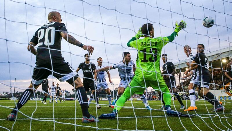 Pat Hoban scores Dundalk’s late equaliser against Qarabag. Photograph: Ryan Byrne/Inpho