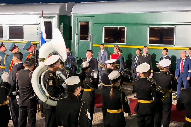 North Korea’s leader Kim Jong-un attends a welcome ceremony after crossing the border to Russia at Khasan. Photograph: AP