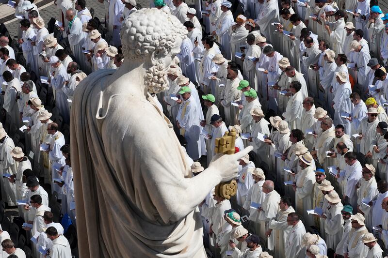 Catholic clergy attend the Holy Mass on Divine Mercy, on the second day of mourning for Pope Francis. Photograph: Christopher Furlong/Getty Images
