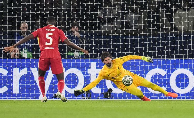 Liverpool goalkeeper Alisson Becker makes a save during the Champions League Round of 16, first-leg match against Paris Saint-Germain at Parc des Princes last March. Photograph: Adam Davy/PA Wire