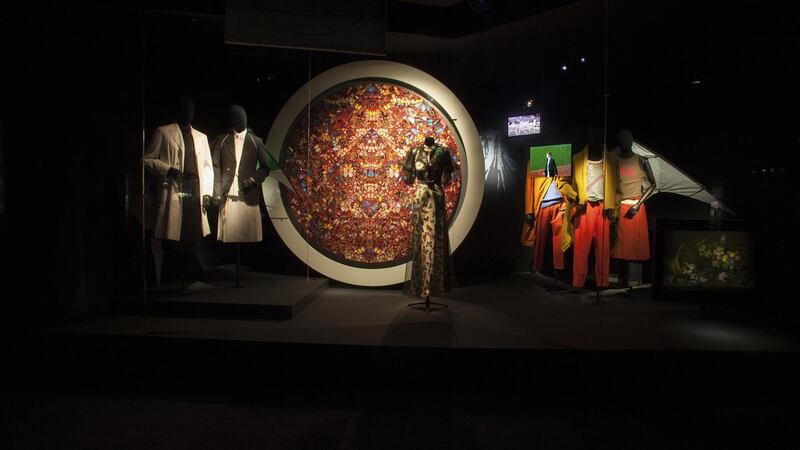 Art Deco butterfly window composed of Damien Hirst’s work, Elsa Schiaparelli’s 1937 evening dress and Dries Van Noten’s men’s collection, summer 2000.