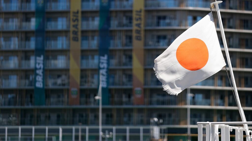 The Japanese flag flies in front of the athlete’s village in Tokyo. Photograph: Toru Hanai/Getty