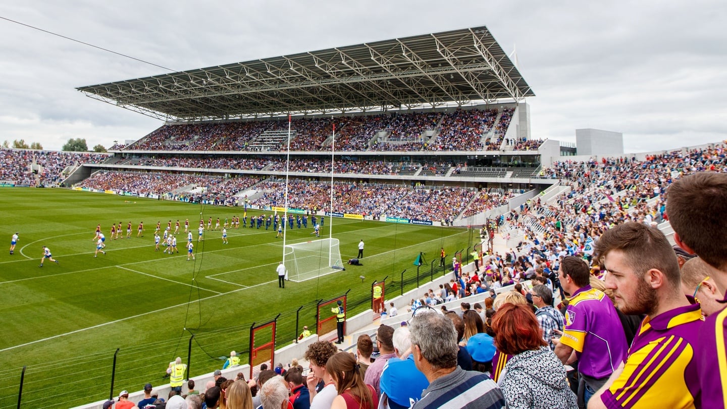 Wexford and Waterford teams parade before the All-Ireland senior hurling championship quarter-final. Photograph: James Crombie/Inpho