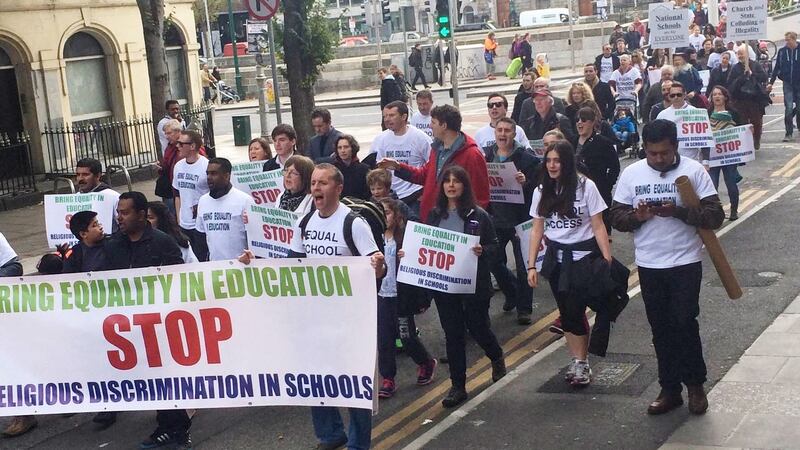 Up to 200 parents marched through Dublin city centre on Sunday to call for an end to “religious discrimination” over access to the education system. Photograph: Carl O’Brien/The Irish Times