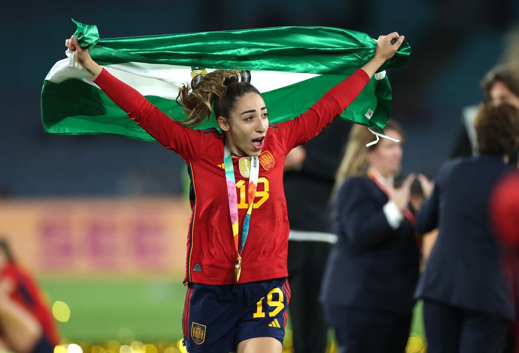 Spain's Olga Carmona celebrates after winning the Women's World Cup and scoring in the final in Sydney. Photograph: Isabel Infantes/PA