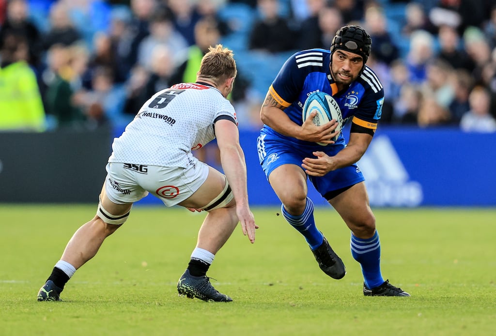 Leinster's Charlie Ngatai is challenged by Cell C Sharks' James Venter during the BKT URC game at the RDS. Photograph: Dan Sheridan/Inpho