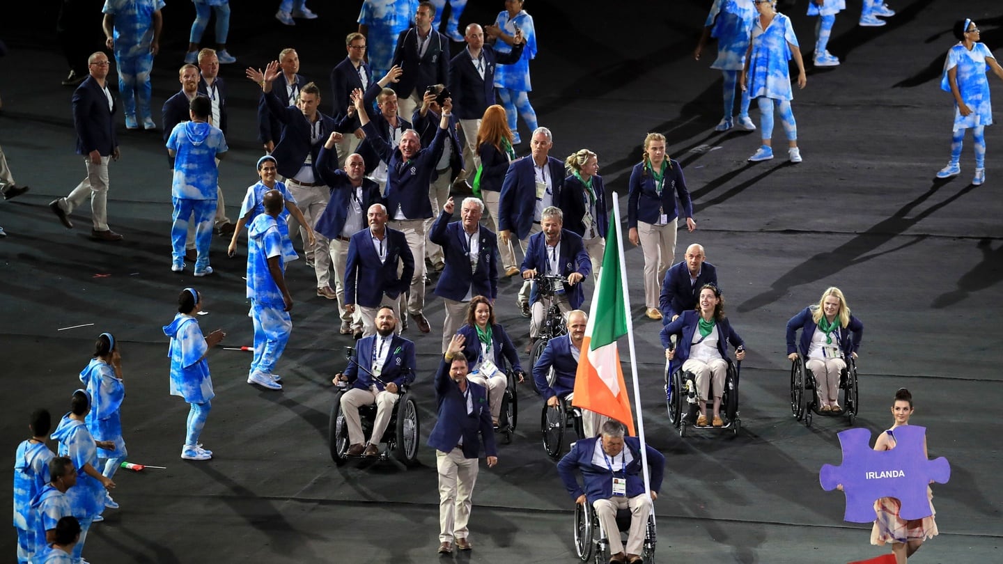 The Ireland team are led out by flag bearer John Twomey during the opening ceremony of the 2016 Rio Paralympic Games at the Maracana, Brazil. Photograph: Adam Davy/PA