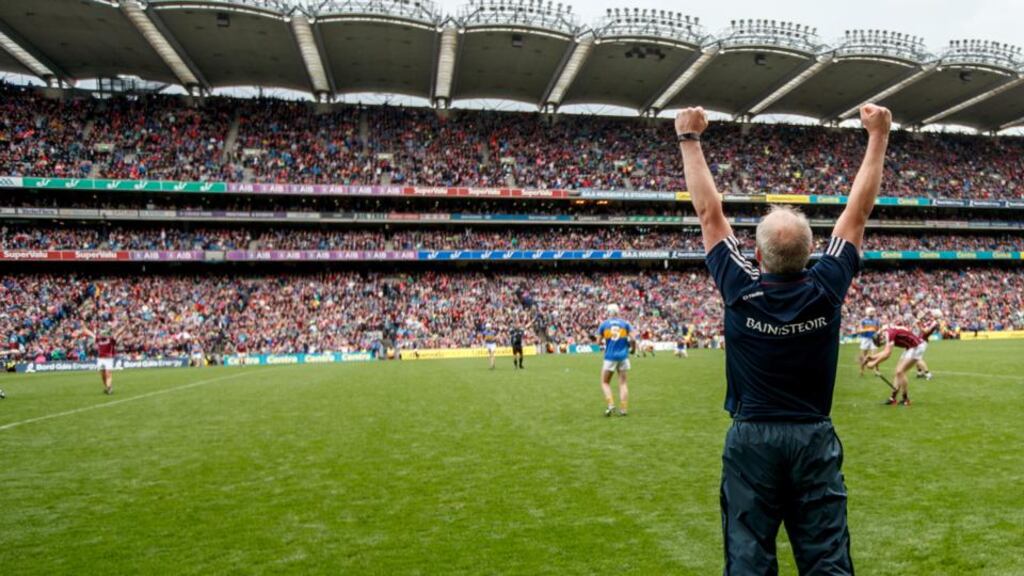 Galway GAA: Micheál Donoghue celebrates after victory over Tipperary in the All-Ireland semi-final at Croke Park this month. Photograph: James Crombie/Inpho