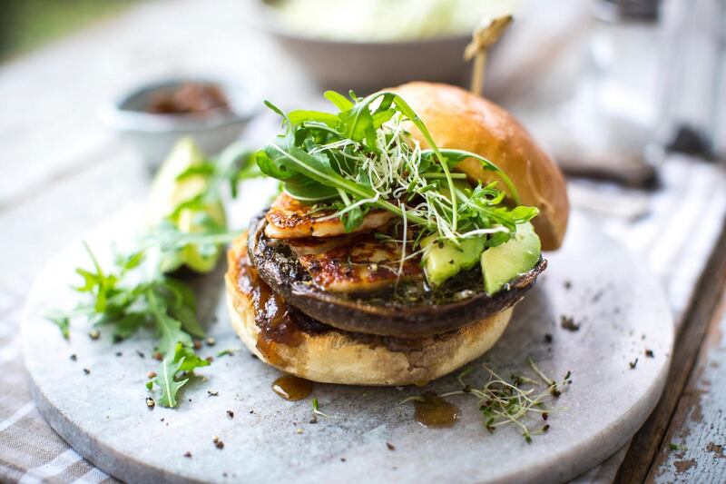 Halloumi burgers with shaved vegetable slaw
