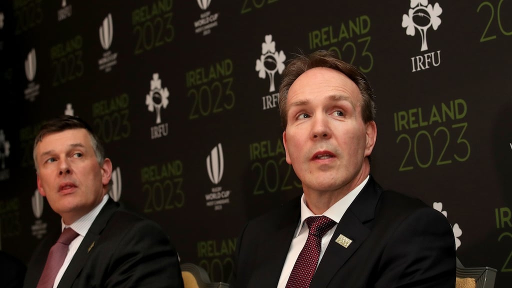 Ireland’s Rugby World Cup head of bid Kevin Potts pictures with IRFU chief executive Philip Browne back in March after a two-day site visit by the World Rugby Technical Review Group. Photograph: Dan Sheridan/Inpho