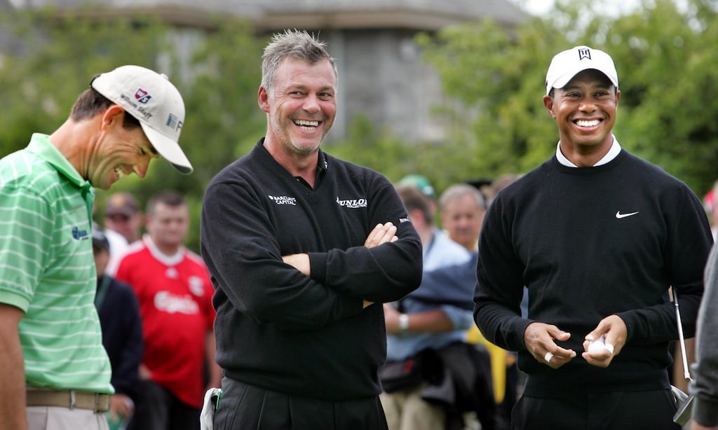Pádraig Harrington, Darren Clarke and Tiger Woods in Adare Manor, Co Limerick, in 2010.