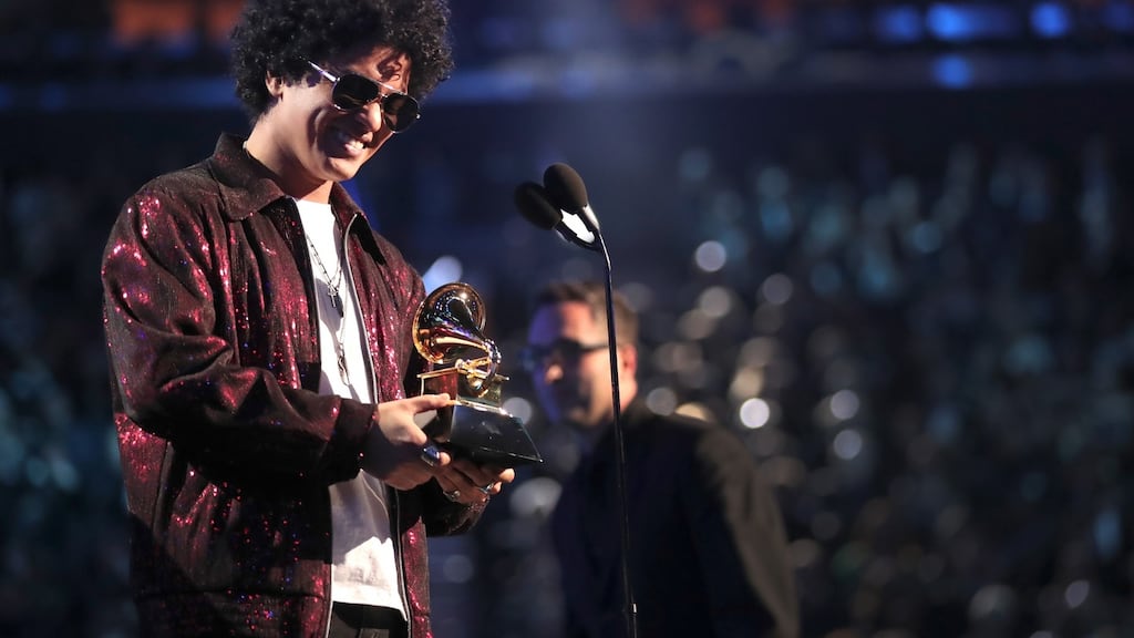 Recording artist Bruno Mars accepts the award for Album of the Year during the 60th Annual Grammy Awards at Madison Square Garden on Sunday. Photograph: Christopher Polk/Getty Images