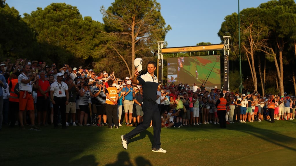 Justin Rose of England acknowledges the crowds after winning the Turkish Airlines Open at Regnum Carya Golf & Spa Resort in Antalya, Turkey. Photo: Warren Little/Getty Images