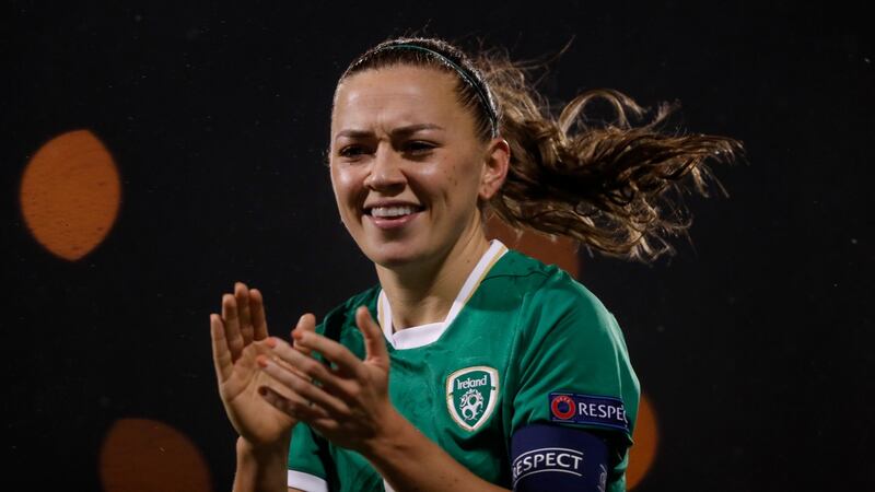 Ireland’s  Katie McCabe  acknowledges fans after the  Women’s World Cup qualifier win over Georgia in Tallaght. Photograph:  Oisín Keniry/Getty Images