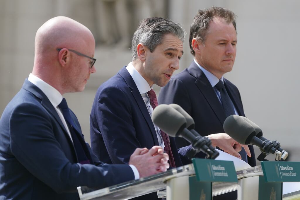 Minister for Health Stephen Donnelly, Minister for Further and Higher Education Simon Harris and Minister for Agriculture Charlie McConalogue at a press conference held at Government Buildings, Dublin, to outline plans to increase the number of college places across veterinary and healthcare. Photograph: Brian Lawless/PA Wire