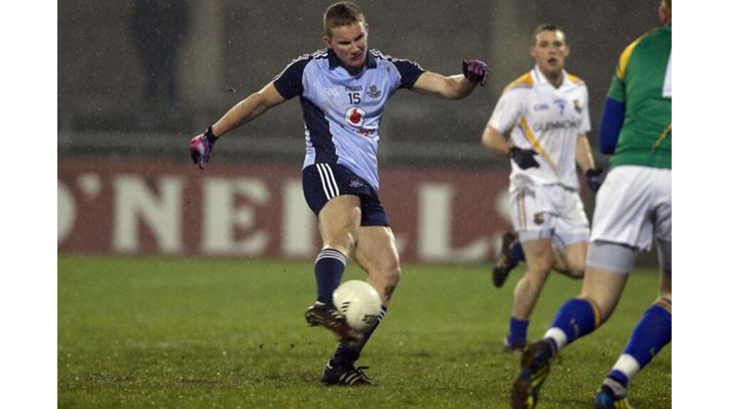 Dublin’s Ciarán Kilkenny scores the first goal of the game during the Leinster under-21 football quarter-final at Parnell Park. Photograph: Donall Farmer/Inpho