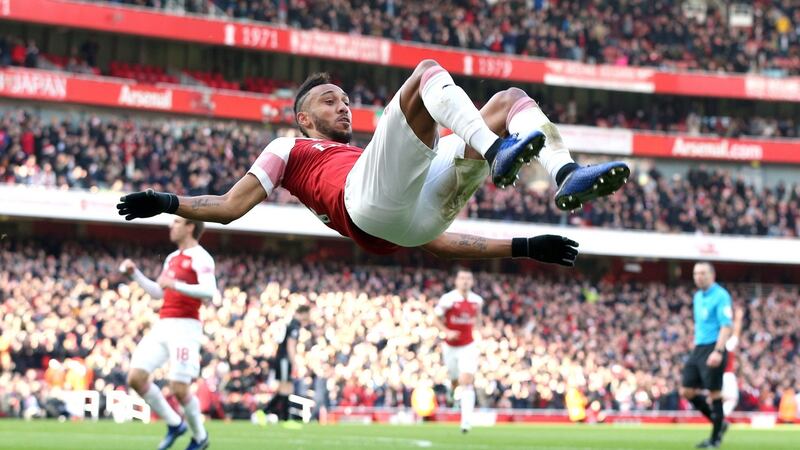 Aubameyang celebrates scoring his side’s first goal. Photo: Jonathan Brady/PA Wire