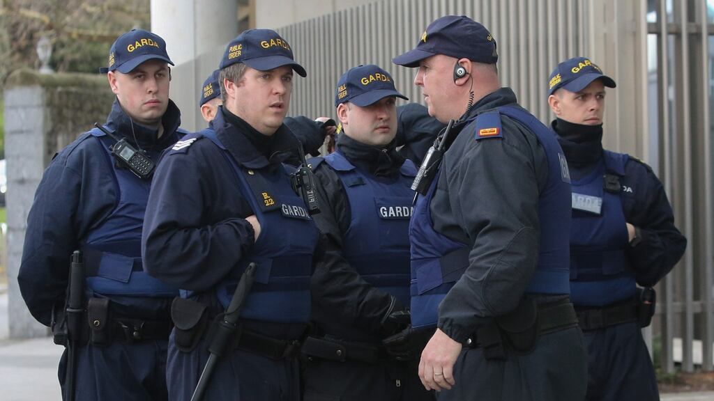 Heavy Garda presence outside the Special Criminal Court   after the case against Regency Hotel gun murder accused Patrick Hutch collapsed. Photograph:  Collins Courts