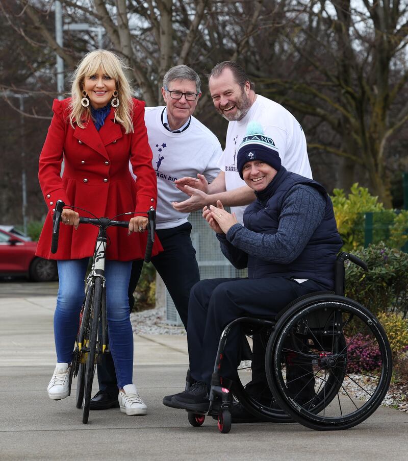 Miriam O'Callaghan with (left to right) Bill Watson, Andrew McGinley and Mark Nugent at the launch of the Galway Cycle by Maynooth students in aid of As Darragh Did. The event takes place over the weekend of March 31st to April 2nd.