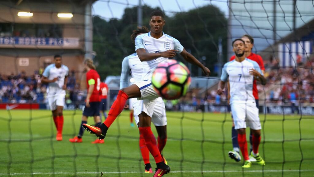 Marcus Rashford scored a hat-trick on his England Under-21 debut. Photograph: Getty