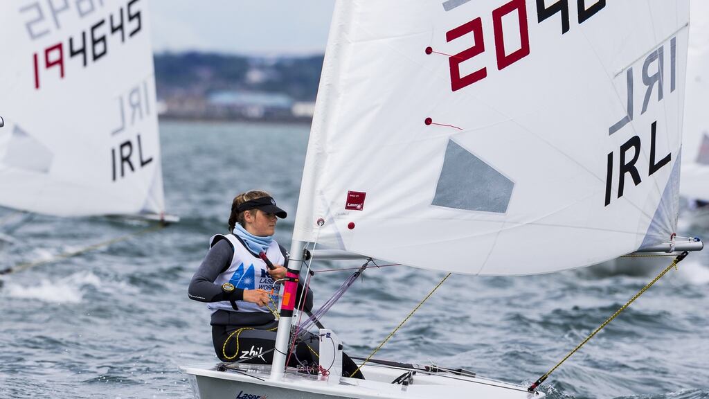 Ireland’s Sally Bell competing on Saturday at the KBC Laser Radial World Championships, hosted by the Royal St George Yacht Club and Dún Laoghaire Harbour. Photograph: David Branigan/Oceansport