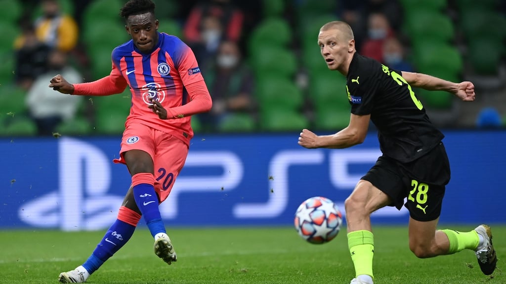 Chelsea’s Callum Hudson-Odoi scores the opening goal during the Champions League match against FK Krasnodar at the Krasnodar stadium. Photograph: Kirill Kudryavtsev/AFP via Getty Images