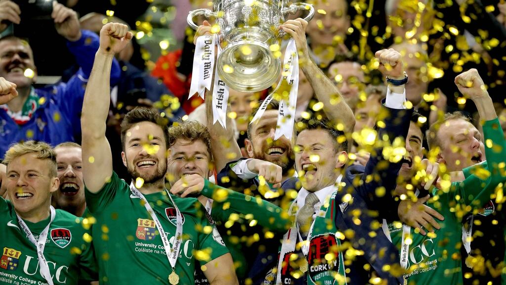 Cork City celebrate their FAI Cup win over Dundalk in the 2017 final. Photograph: Ryan Byrne/Inpho