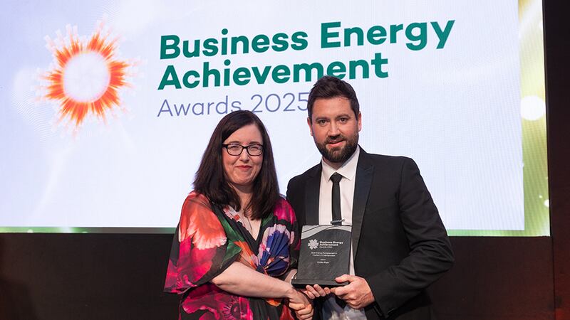 Aideen O'Hora, awards judge, presents the best energy achievement in tourism and entertainment to Colin O'Brien, Croke Park