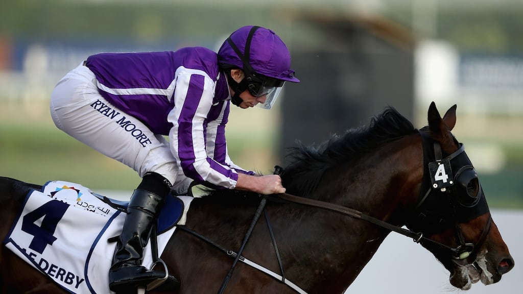 Ryan Moore and  Mendelssohn win the UAE Derby at Meydan Racecourse  last year. Coolmore’s number one rider Moore will team up with Mendelssohn in Kentucky Photograph: Getty Images