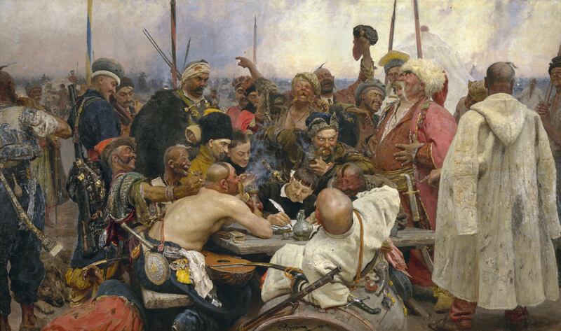 Response of the Zaporozhian Cossacaks by Ukraine-born painter Ilya Repine. It depicts the true story of the Cossacks writing an insulting, defiant letter to the Turkish sultan to refuse his patronage in 1676.