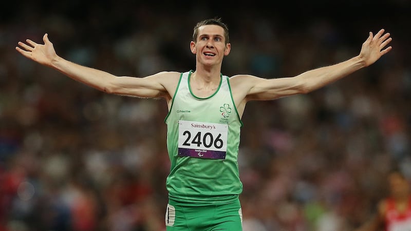 Ireland’s Michael McKillop celebrates winning gold in the T37 1,500m at the 2012 Paralympic Games in London. Photograph: Matthew Childs/Inpho/Action Images