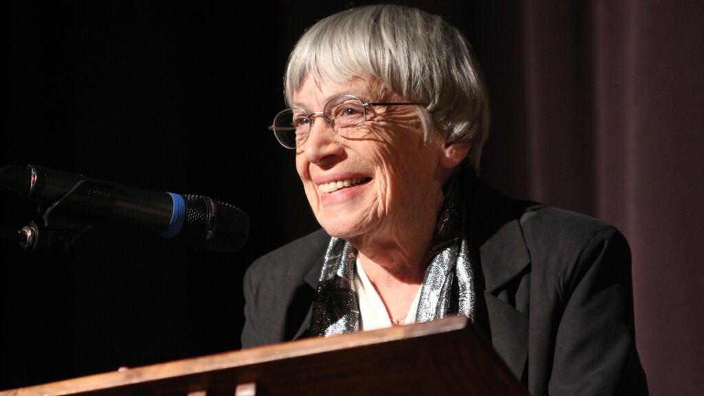 Author Ursula K Le Guin speaking at the University of Oregon in 2014. Photograph: Jack Liu via The New York Times