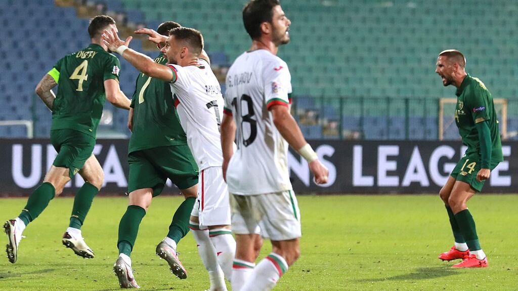 Conor Hourihane celebrates after Shane Duffy equalised for Ireland against Bulgaria. Photograph: Kostadin Andonov/Inpho