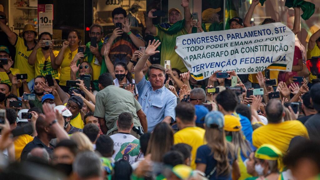 President Jair Bolsonaro of Brazil during independence day celebrations in Sao Paulo in September. With his poll numbers falling, President Bolsonaro is already questioning the legitimacy of next year’s election. Photograph: Victor Moriyama/New York Times