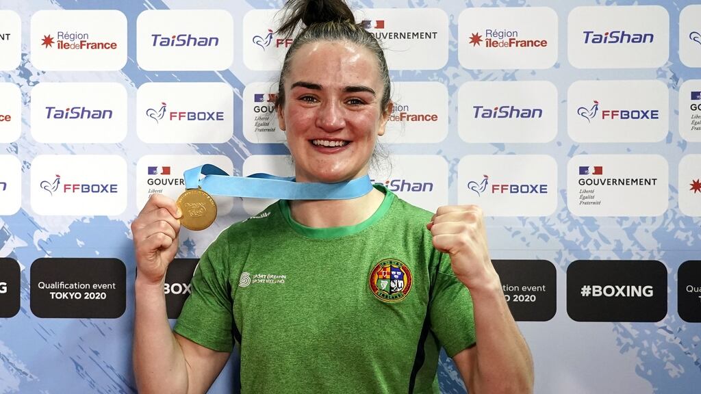 Ireland’s Kellie Harrington celebrates after winning gold at the European Boxing Road To Tokyo Qualifier at Le Grand Dome in Paris at the start of June. Photograph: Dave Winter/Inpho