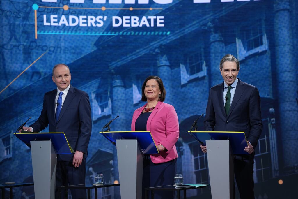 From left: Fianna Fáil leader Micheál Martin, Sinn Féin leader Mary Lou McDonald and Fine Gael leader Simon Harris during the TV leaders’ debate, at RTÉ last night. Photograph: Niall Carson/PA