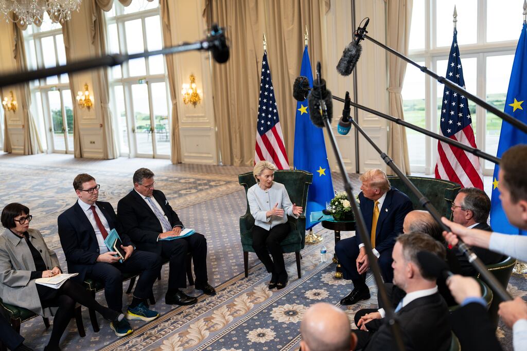 European Commission president Ursula von der Leyen speaks with US president Donald Trump in July. Trump is critical of EU regulation of US tech firms. Photograph: Tierney L Cross/The New York Times