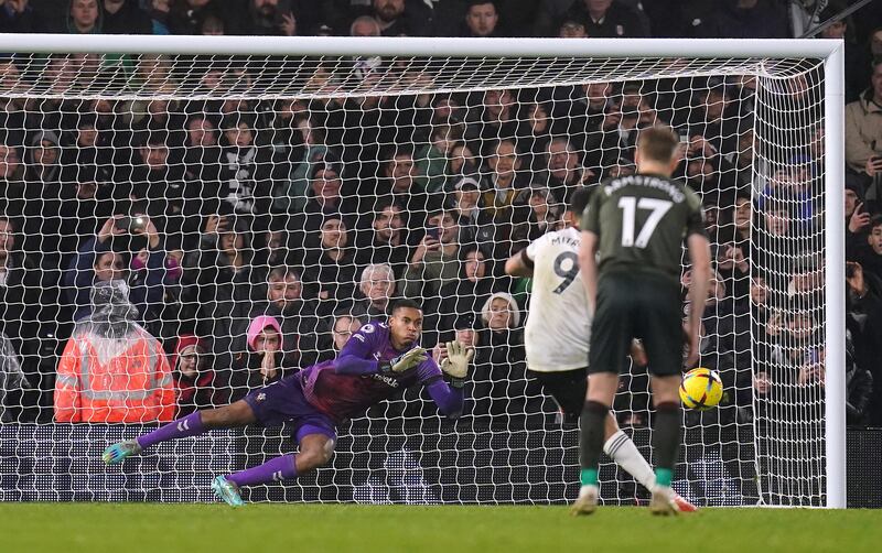 Gavin Bazunu saves a penalty from Aleksandr Mitrovic. Photograph: John Walton/PA
