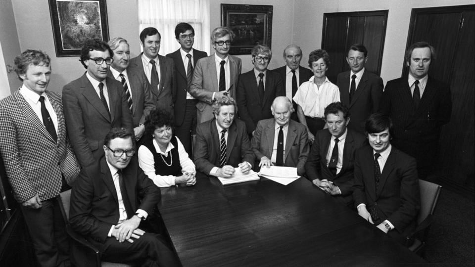 Frontbencher: Enda Kenny in 1982, when he held the Fine Gael Gaeltacht portfolio for Garret FitzGerald (seated, centre); to Kenny’s right are (standing) Jim Mitchell, Eddie Collins, Paul Connaughton, Alan Dukes, Jim O’Keeffe, Michael Begley, Paddy Cooney, Nuala Fennell, John Boland and John Bruton; seated with FitzGerald are Paddy O’Toole, Gemma Hussey, Tom Fitzpatrick, Austin Deasy and George Birmingham. Photograph: Pat Langan