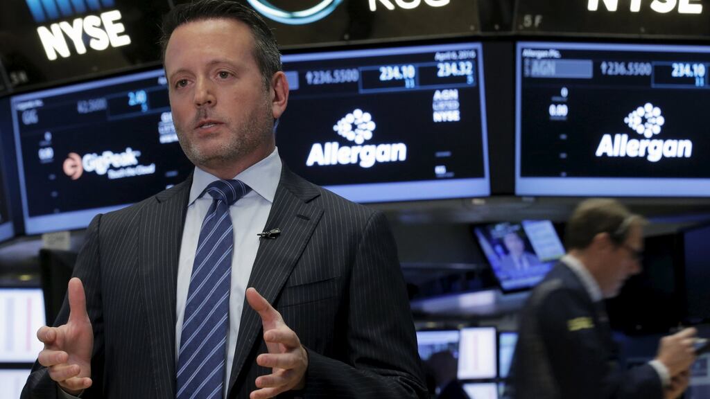 Allergan chief executive Brent Saunders gives an interview on the floor of the New York Stock Exchange as Allergan and Pfizer announce the end of their plan to merge. Photograph: reuters/Brendan McDermid