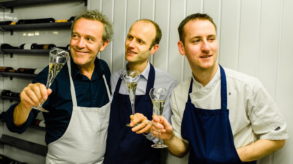Alain Passard, left, with Alain Kerloc’h and Stephen Toman of Ox Belfast