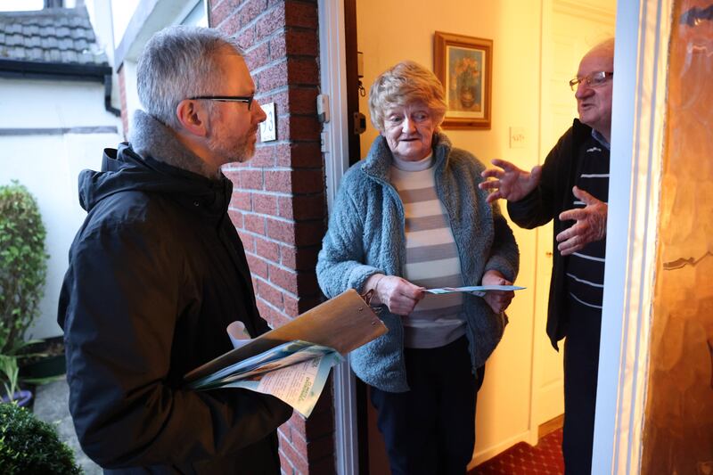 Roderic O'Gorman speaking to Eileen and Peter Fogarty, on a canvass in The Pines, Castleknock, Dublin, earlier this month. Photograph: Dara Mac Dónaill