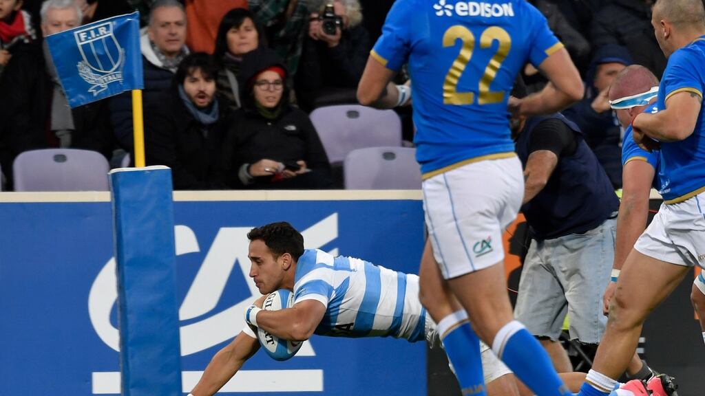 Argentina’s fullback Joaquin Tuculet scores a try during their Test match win over Italy at the Artemio Franchi stadium in Florence. Photo: Andreas Solaro/Getty Images