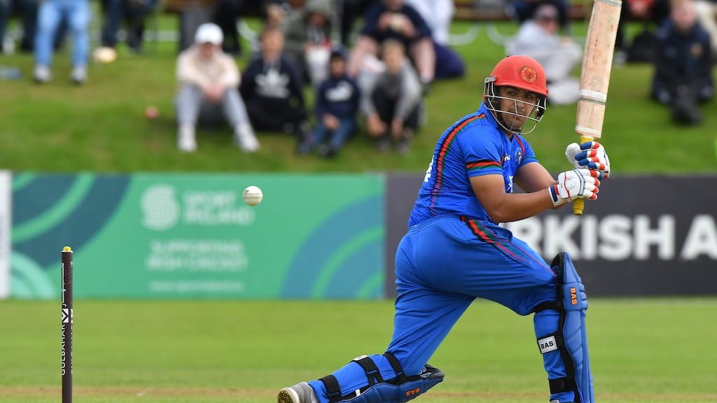 Hazratullah Zazai on his way to scoring 82 in the Twenty20 International at Bready Cricket Club. Photograph: Rowland White/Inpho
