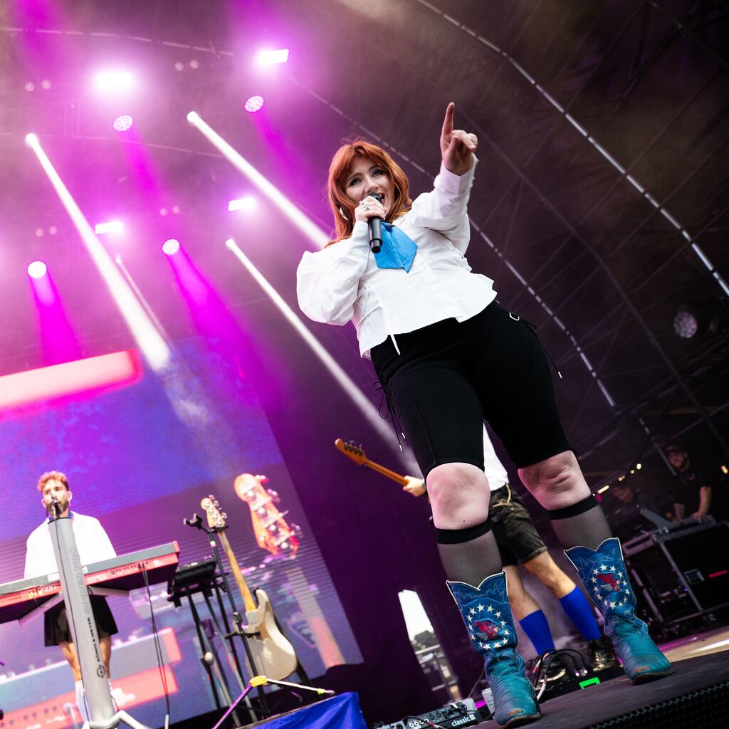 CMAT gives a powerhouse performance onstage on the second day of All Together Now Festival at the Curraghmore Estate in Waterford. Photograph: Kieran Frost/Redferns